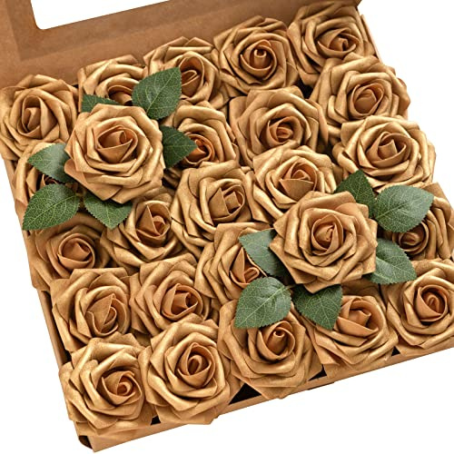 Ling's moment Fall Artificial Flowers 25Pcs Shimmer Gold Roses w/Stems,3 Real Touch DIY Foam Floral for Wedding Bouquet/Centerpieces, Outdoors Party Backdrop, Room/Table, and Garden/Pot Decorations