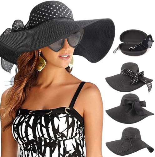 DRESHOW Damen Breit Krempe Strohhut Faltbar Schutz Strandhut Elegant Sommer Hut Sonnenhüte UPF 50+