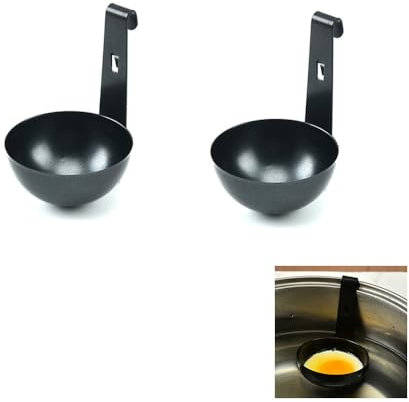 2 tazas escalfadoras de huevos, moldes de acero inoxidable para huevos escalfados con diseño de gancho, máquina de huevos escalfados negros, utensilio duradero para huevos escalfados, desayuno