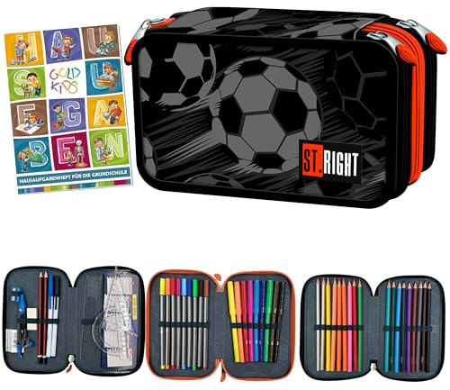 Goldkids - Federmäppchen 3 Fächer - Mäppchen für Mädchen und Jungen - Federmappe 3-Fach Federtasche Gefüllte Schüleretui 46-teilig - Schulmäppchen und Hausaufgabenheft - Classic Ball Motiv