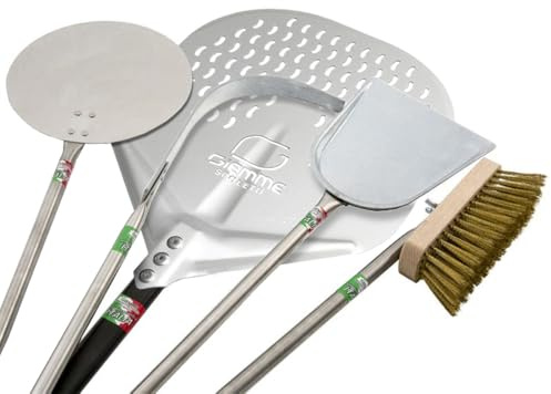 GIEMME Set professionnel de 5 pelles à pizza en aluminium et acier – Pelle perforée 33x33 cm, manche 150 cm – Pour fours profonds 120/130 cm