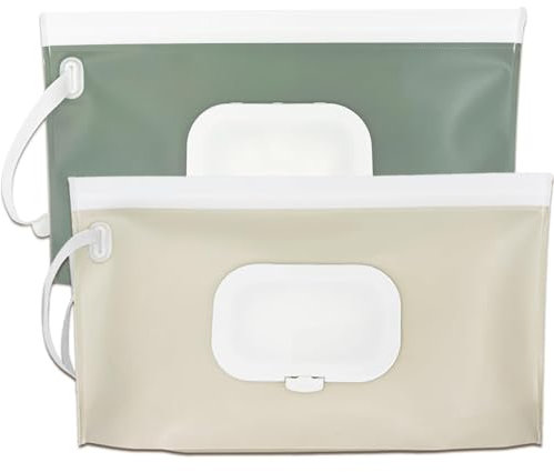 Hebterrka Lot de 2 distributeurs de lingettes rechargeables portables - Distributeur de lingettes humides de voyage réutilisables - Étanche à l'eau et à la poussière (vert sauge et crème)