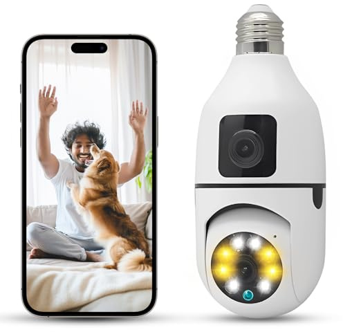 Xuzimaoyi Security Camera, Outdoor Wireless Camera 2.4G Hz Camera for Home Security, 355 Degree Panoramic, Motion Detection and Alarm, 24/7 Recording (Dual Lens Light Bulb)
