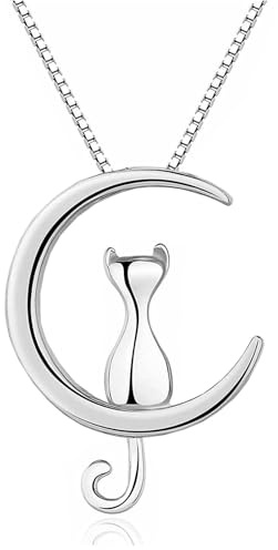 HinDaLi 925 sterling silver halsband för kvinnor flickor flickvän damer söt katt måne hänge halsband kvinnor halsband silverkedja justerbar