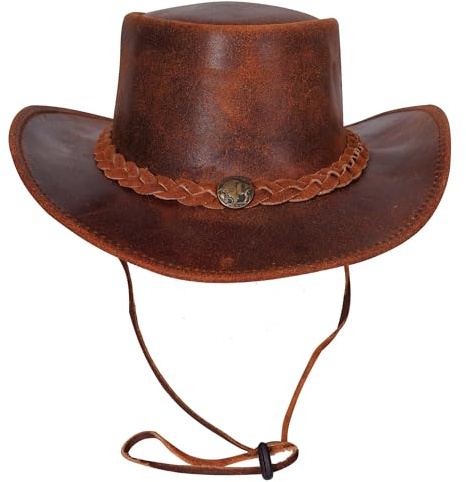 URBAN 5884 Cappello da Cowboy in Vera Pelle, Cappello Western Uomo/Donna in Vera Pelle Bovina, Tesa Modellabile e Sottogola Regolabile - Castagna, L