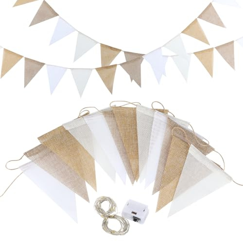 3 banderines de lino, para exteriores, resistentes a la intemperie, vintage, para exteriores, con 3 metros de cadena de luces, para guirnaldas de bodas, fiestas bohemias, decoración de jardín (12