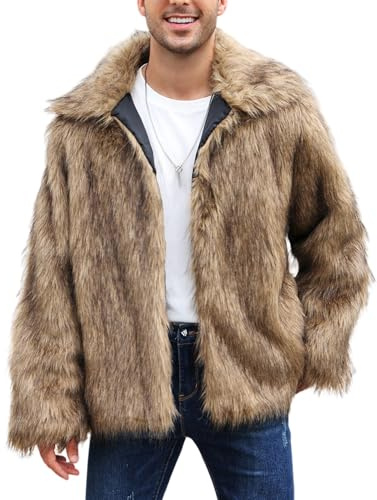 Arssm Mens Faux Fur Coats Winter Furry Fur Jacket Warm Fluffy Shaggy Jackets(Brown-L)