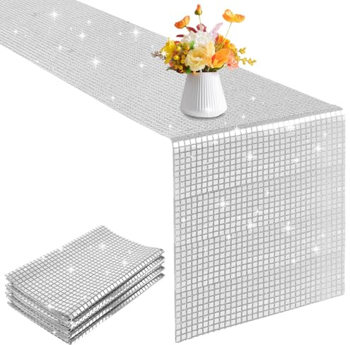4 Pack Glitter Disco Party Table Runner 12 x 108 Inches Mirror Silver Foil Decor for 70s 80s Disco Party Decorations Birthday Home Table Decorations