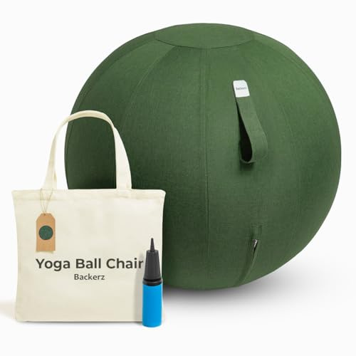 Backerz Sedia Palla Ufficio 55cm - Fitball PVC Anti-Scoppio con pompa, Palla Fitness 110 kg portata Palla Ginnastica con rivestimento in lino per tonificazione, e postura corretta - Verde