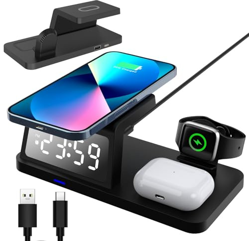 Ouitble Trådlös laddare 3-i-1 induktiv laddningsstation, mobiltelefonväckarklocka, smarta klockor, hörlurar, trådlös laddare, kompatibel med uteffekt 15 W