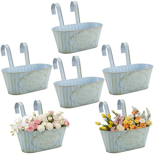 Yocdunm 6 pcs Iron Hanging Flower Pots Vintage Hanging Plant Pots 27.5cm Over Fence for Balcony Railing With Drainage Decorative Railing Planter for Porch Railing Balcony Fence (Blue)