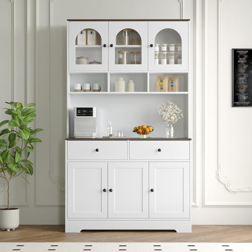 Garvee Kitchen Pantry Cabinet with Open Storage Shelves, 71 Tall Food Pantry Cabinet, Farmhouse Freestanding Kitchen Hutch with Countertop Glass Door Display & Charging Station for Dining Room