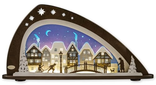 weigla - Schwibbogen original Erzgebirge I Motiv Winter in der Altstadt I LED-Lichterbogen Weihnachten I Größe 66 x 33,8 x 6 cm I Inklusive Beleuchtung I beleuchtete Weihnachtsdeko innen I aus Holz