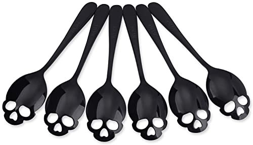 FOXAS 6-inch Black Spoons, 6 Pack Skull Suger Teaspoons, 16cm Stainless Steel Coffee Tea Stirring Spoons, Cool Dark Rock Design Cutlery for Halloween Party, Bon Appétit Series