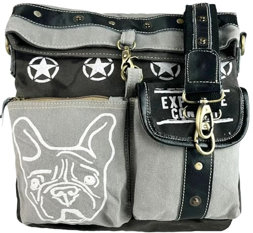 Sunsa Damen Umhängetasche. Große Crossbody mit viel Fächer & Hund Aufdruck | Hundeliebhaber Tasche. Schultertasche für Freizeit, Alltag & Urlaub. Unisex Vintage Retro Damentasche mit viel Plazt