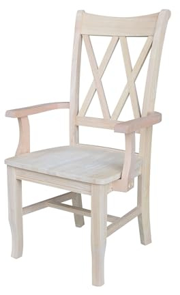 Solid Wood Double X-Back Dining Chair with Arms in Unfinished Parawood, Classic Kitchen/Dining Furniture, Stainable & Paintable, 23.6 W x 22 D x 41.3 H, Wide Arm Width, Traditional & Durable