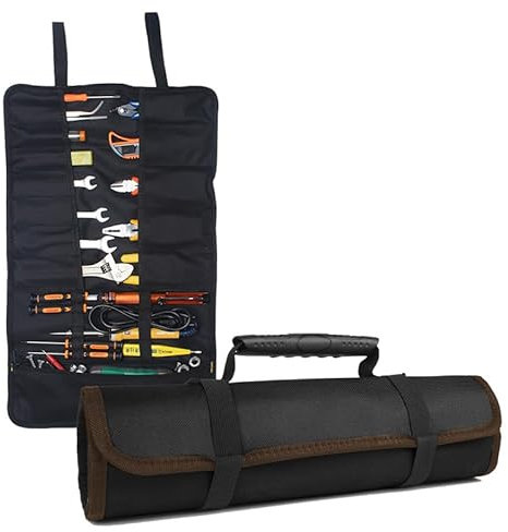 TopHomer Werkzeugrolltasche 600D Oxford Schwarz, 22 Fächer + Reißverschlussfach, wasserdicht – Aufrollbar für Elektriker/Klempner/Heimwerker