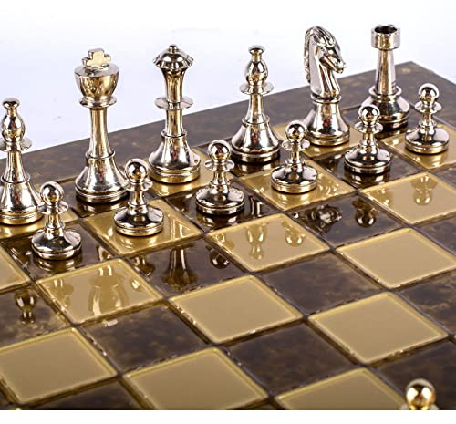 Manopoulos Staunton Schachspiel aus Metall, klassisches Design, Messing, Nickel, Braun