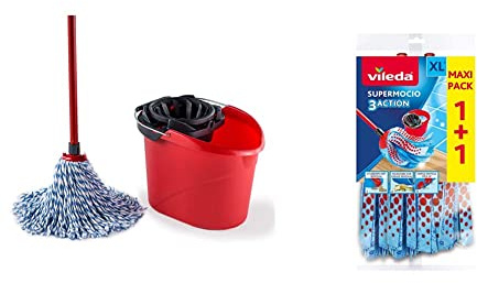 Vileda SuperMocio Microfibre and Cotton Mop and Bucket Set & Supermocio 3Action Xl Refill, Pack of 2