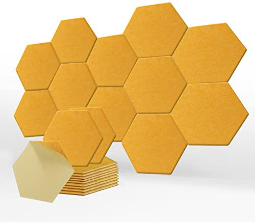 SK Studio 12 Stücke Akustikplatten, Akustik Hexagon Panels 35 x 30 x 0.9cm Selbstklebend Schallschutzpaneele Hochdichte Wandfliesen für Tonstudio, Büro, Studio, Akustische Behandlung Hell orange