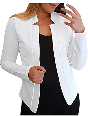 Blazer Femme Business Slim Fit Veste de Costume Élégant Manches Longues Femmes Couleur Unie Courte Un Bouton Cardigan Bureau Affaires OL Veste de Tailleur de Soiree Automne avec Poche (Blanc, XL)