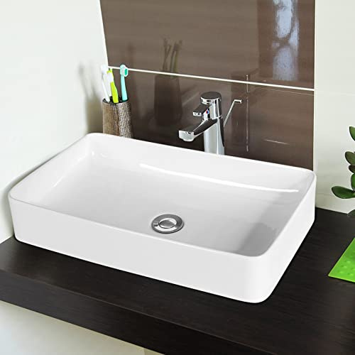 COSTWAY Lavabo da Appoggio Rettangolare in Ceramica con Scarico a Scomparsa | Lavandino Bagno in Ceramica 60 x 35 x 11 cm, Ideale per Cucina e Bagno