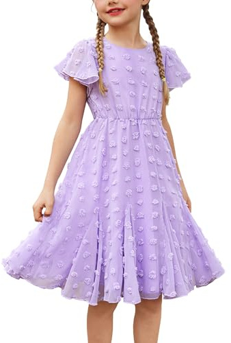Flypigs Vestito da Principessa per Ragazze Elegante Manica Corta con Orlo oscillante Abiti Casual per Bambini 3-4 Anni Viola