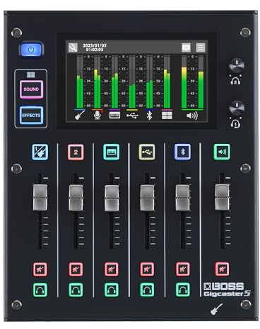 BOSS Gigcaster 5 | Kompakter 5-Kanal Audio-Streaming-Mixer mit Gitarre/Bass-Direkteingang | 2 XLR-Mikrofoneingängen | Stereo-Line-Eingang | 8 SFX Touchscreen-Pads | 16x12 USB Audio Interface