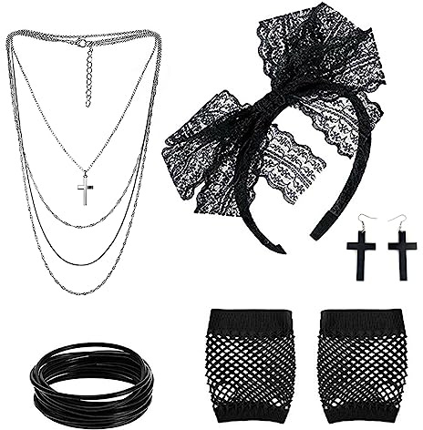 VIKSAUN 80er Jahre Kostüm Zubehör, 80er Jahre Accessoires Damen, 80er Jahre Retro Party Set, Spitze Stirnband Ohrringe Fischnetz Handschuhe Halskette Armband, 80er Jahre Verkleidung für Frauen 80er
