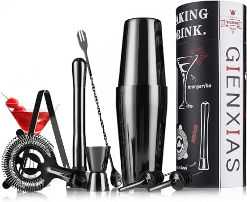 Cocktail Set 9-teilig – Cocktail Shaker 750ml aus Edelstahl mit 2X Ausgießer, Barlöffel, Messbecher, Cocktailstampfer, Eiswürfelzange, Sieb & personalisierbarer Geschenkbox – Barkeeper Set (Schwarz)