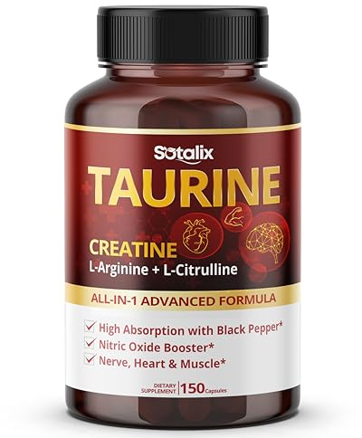 Taurine with Creatine, L-Arginine, L-Citrulline High Absorption with Black Pepper Nitric Oxide Booster, Muscle (150 Count (Pack of 1))