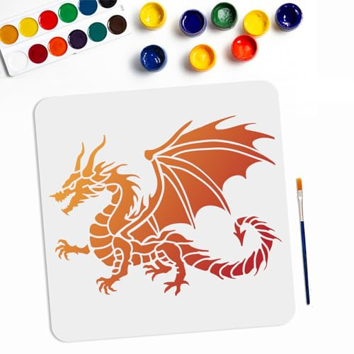 MAYJOYDIY Drachen Schablone Fliegender Drache Schablone 30 × 30cm Mit Pinsel Drachen Vorlage Wiederverwendbar DIY Drachen Basteln Und Dekorieren Auf Holz Wänden Fenstern Möbeln Stoff