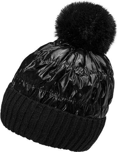 Caspar MU217 Damen warm gefütterte Winter Materialmix Metallic Glanz Bommelmütze, Farbe:schwarz, Accessoires:One Size