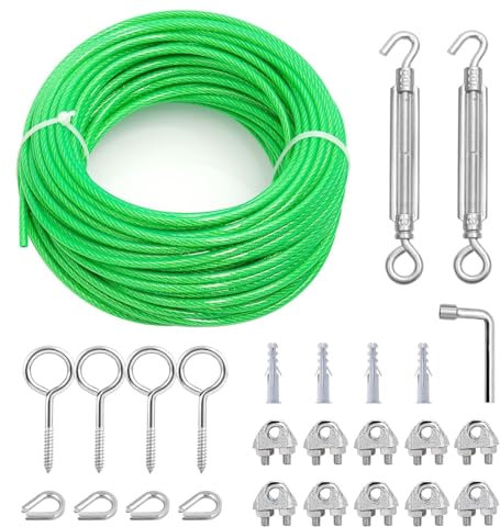 hannger Drahtseil 5mm & M6 Spannschlösser Kit, 15m Stahlseil mit Ösen Spanndraht PVC-ummantelt Seilspanngarnitur für Garten Metaller Seil | Wäscheleine | Rankhilfen für Kletterpflanzen | Gardinenseil