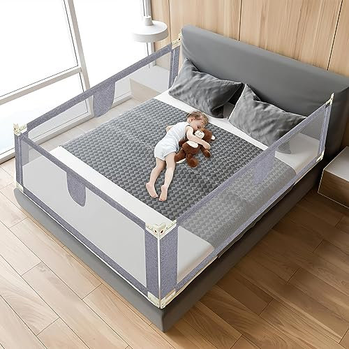 Tubiaz Bettgitter Rausfallschutz 2X 200cm+1x 180cm, Kinderbettgitter Höhenverstellbar 64-96cm, Bettschutzgitter für Kleinkinder, Babybettgitter mit Luftiges Netz -Grau