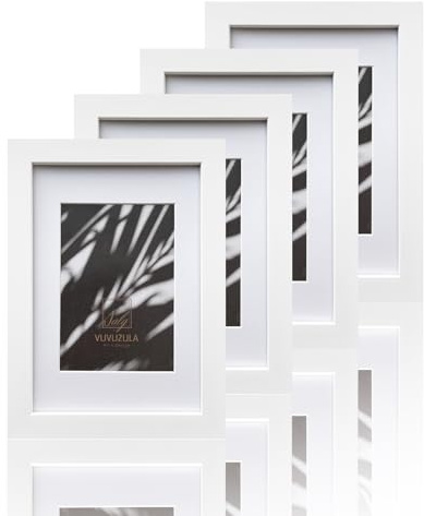 VUVUZULA A5 Rahmen Weiß Bilderrahmen A5 Fotorahmen mit Passepartout für A6 Foto A5 Urkunde 4er Set mit Echtglas