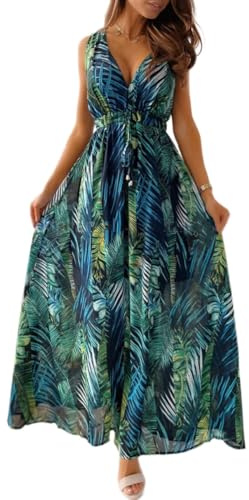 CheChury Abito Stampato Estivo Donna Vestito Lungo Elegante Abiti Eleganti Lunghi Abito Senza Maniche Maxi Vestito Donna Floreale Vestito Spiaggia Casual Scollo a V Abito Boho Vestito da Vacanze