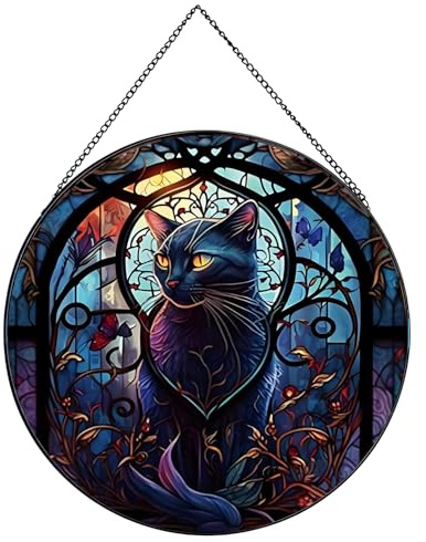 Payutou Buntglas-Sonnenfänger, Herbst-Weihnachts-Fensterdekoration für Katzenliebhaber, schwarze Katze, hängende Dekorationen für drinnen und draußen, Halloween-Hängedekorationen für Haustür, Wand