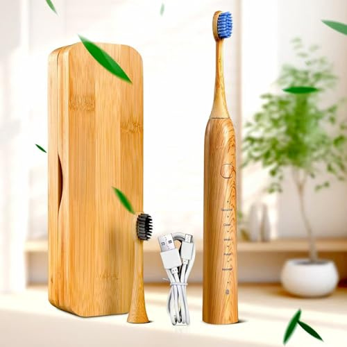 MgcSto Sonic Electric Bamboo Toothbrush for Adults - Bamboo Design with Soft Bristles - 5 Adjustable Cleaning Modes - Upgraded IPX7 Waterproof Technoloy for Adults