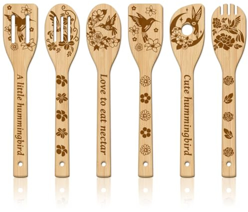 GLOBLELAND 6 Pièces Ensemble D'Ustensiles de Cuisine en Bois avec Cuillères en Bambou Sculptés en Forme D'Animaux Spatule de Cuisine Gravée en Bois pour Mère l'amie Femmes Cadeau Amusant