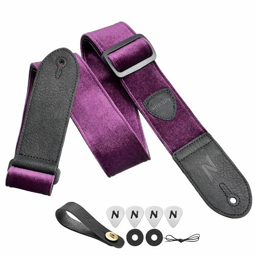 Nefelibata Gitarrengurt, Doppeltes Vollnarbenleder, Vintage Velvet Strap/FREE BONUS-4 Plektren+Strap Locks, Geschenk für Bass- und Elektrogitarren (Weinlese Charming Violett)