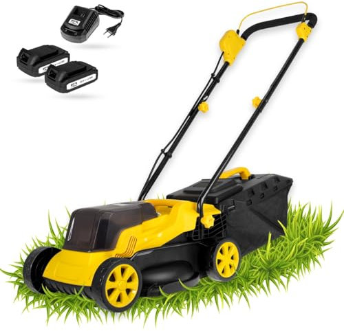 MISTER TOOL Akku-Rasenmäher 20V mit 2X Akkus & Ladegerät | 320mm Schnittbreite | Höhenverstellbar (25-65mm) | 30L Grasfangkorb | Ergonomischer Handgriff | Schnellladung in 60-90 Min | Leicht & Wendig