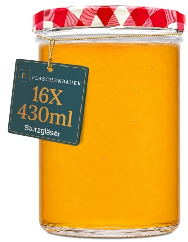 Flaschenbauer - Sturzgläser 430ml 16er Set - Einmachgläser mit Deckel TO82, Schraubgläser, Marmeladengläser, Einkochgläser zur Aufbewahrung, mit Twist-Off-Deckel - Made in Germany (Deckel Rot)