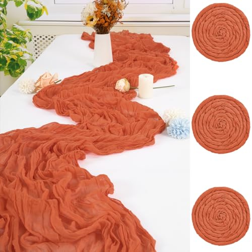 FXKS 3 Stück Orange Cheesecloth Tischläufer,90 x 300 cm | Polyester Gaze Stoff Boho Tischläufer Käsetuch Hochzeit Tischdecke für Hochzeit Brautparty Bankett Dekoration