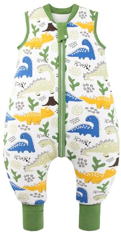 MIKAFEN Saco de Dormir de Invierno para Bebé con Piernas, Algodón 100%, 2,5 TOG, 85-95cm/18-36 Meses, Dinosaurio Verde