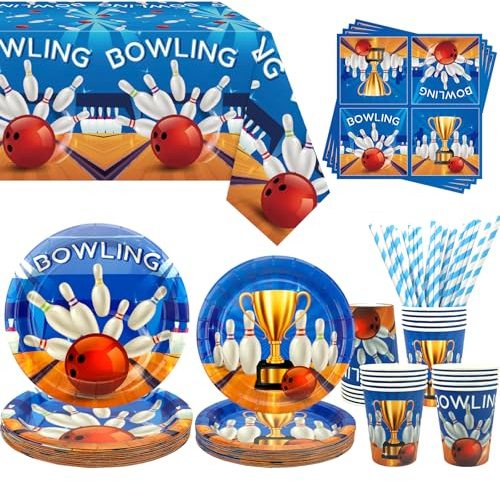 Obussgar Bowling-Party-Dekoration – Bowling-Geburtstagsparty-Geschirrzubehör enthält Teller, Becher, Servietten, Tischdecke, Strohhalme – serviert 20 Stück