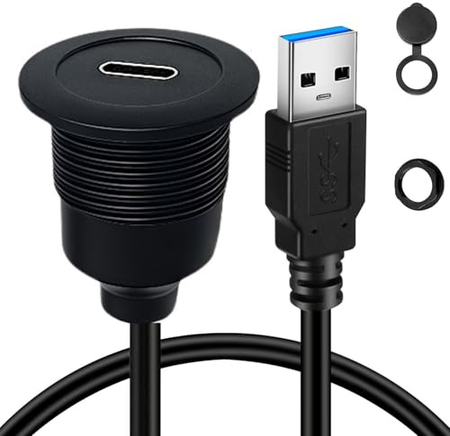 VISSQH USB A Male to Type C Female Panel Mount Coupler,USB 3.0 Panel Mount Connector Extension Cable for Car Truck Boat Motorcycle(1m)