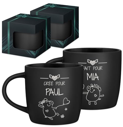 Maverton 2x Tasse Personnalisable, Set 2x Mug personnalisé | Cadeau Personnalisé Anniversaire Mariage, Couple Couple Saint Valentin, Tasse a cafe noire avec prénom, amoureux