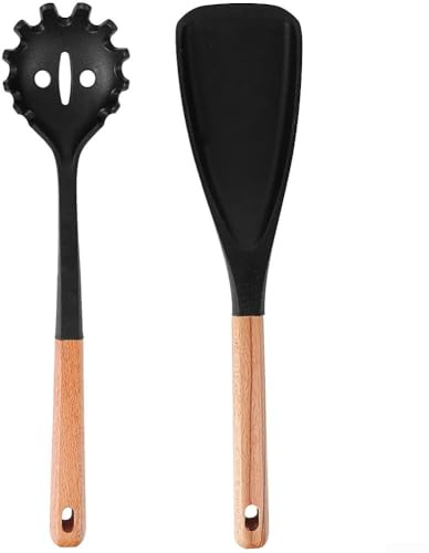 Set di paletta per riso in silicone e cucchiaio per pasta, design ergonomico con manico in legno per una cottura efficiente e una facile pulizia (nero)