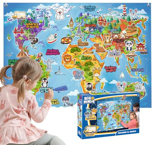 Big Minds - Descubre El Mundo En Español | Felpa de Fieltro | Juegos Educativos Niños 4 Años Panel Fieltro 91x66cm | Juguetes Niños 5 Años 48 Figuras | Juguetes Montessori | Panel Montessori 4 Años